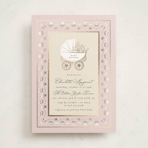 This is a antique blush foil stamped baby shower invitations with foil pressed by Ana de Sousa called petal & pram printing on signature in standard