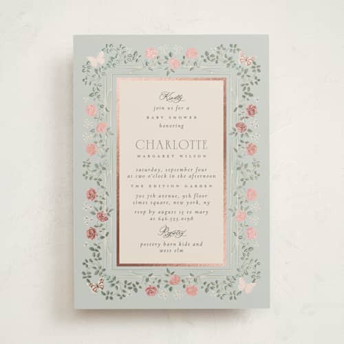 This is a antique sky foil stamped baby shower invitations with foil pressed by Ana de Sousa called parisian roses printing on signature in standard