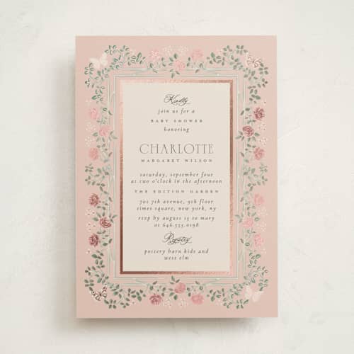 This is a petal foil stamped baby shower invitations with foil pressed by Ana de Sousa called parisian roses printing on signature in standard