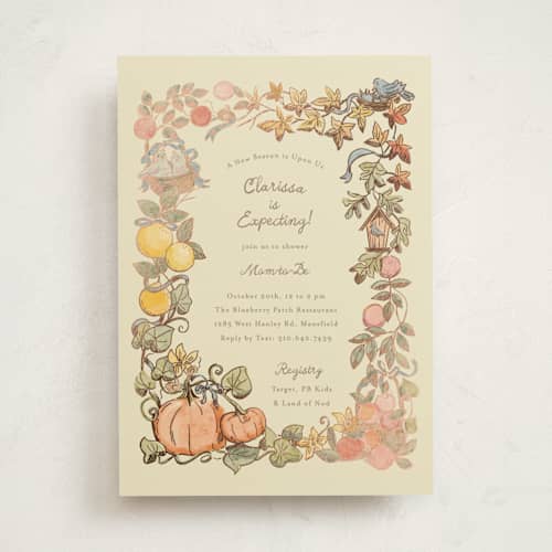 This is a ivory foil stamped baby shower invitations with foil pressed by Becky Nimoy called autumn harvest printing on signature in standard
