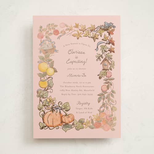 This is a blush foil stamped baby shower invitations with foil pressed by Becky Nimoy called autumn harvest printing on signature in standard