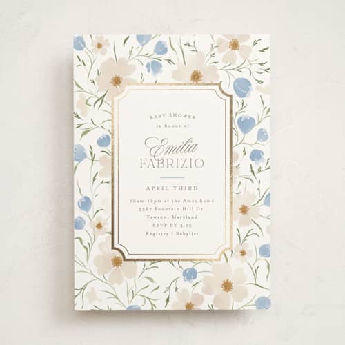 This is a powder foil stamped baby shower invitations with foil pressed by Erin L. Wilson called newport summer printing on signature in standard