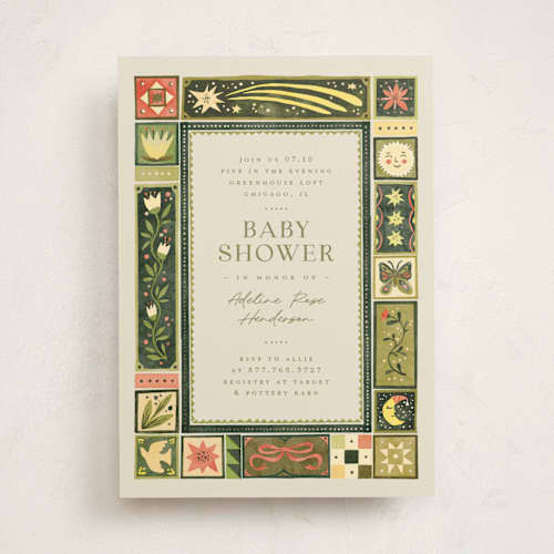This is a creme foil stamped baby shower invitations with foil pressed by Anastasia Makarova called fairytale ornament printing on signature in standard