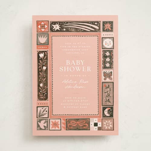This is a strawberry foil stamped baby shower invitations with foil pressed by Anastasia Makarova called fairytale ornament printing on signature in standard