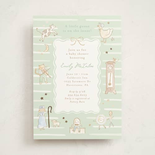 This is a mint foil stamped baby shower invitations with foil pressed by Jennifer Wick called nursery rhyme printing on signature in standard