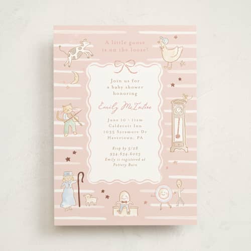 This is a strawberry foil stamped baby shower invitations with foil pressed by Jennifer Wick called nursery rhyme printing on signature in standard