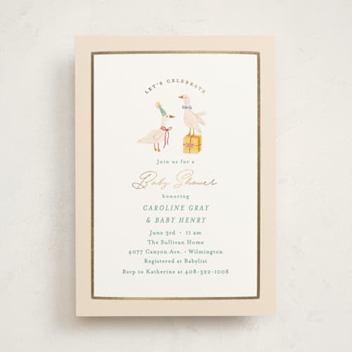 This is a lemonade foil stamped baby shower invitations with foil pressed by Julie Murray called honk for baby! printing on signature in standard