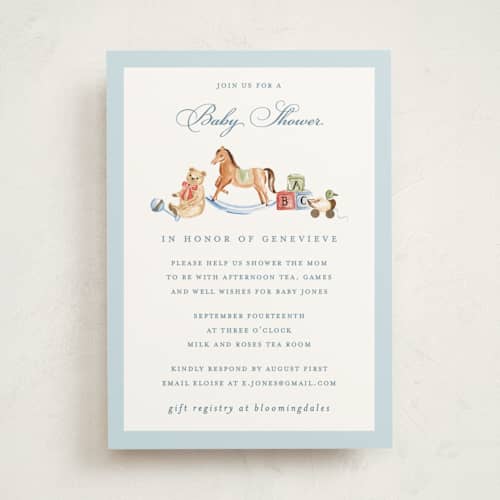 This is a sky foil stamped baby shower invitations with foil pressed by Sarah Knight called classical printing on signature in standard
