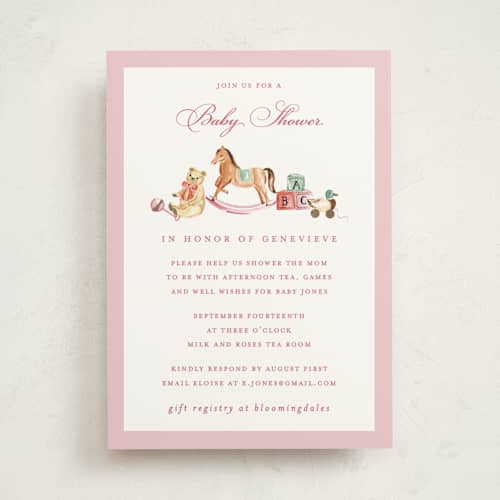 This is a rosa foil stamped baby shower invitations with foil pressed by Sarah Knight called classical printing on signature in standard