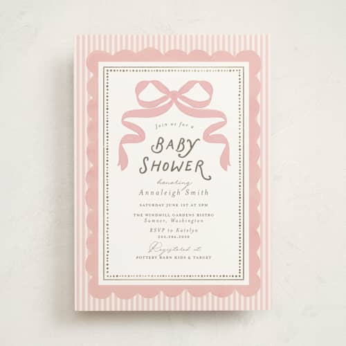 This is a blush foil stamped baby shower invitations with foil pressed by Itsy Belle Studio called fia printing on signature in standard