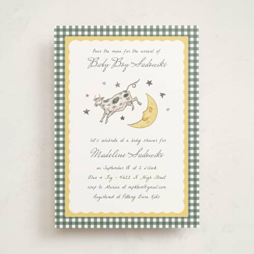 This is a dandelion foil stamped baby shower invitations with foil pressed by Heather Schertzer called over the moon printing on signature in standard