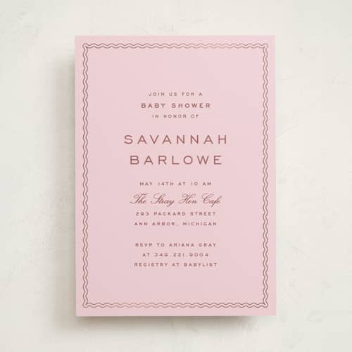 This is a bubblegum foil stamped baby shower invitations with foil pressed by Ellen Schlegelmilch called ripple border printing on signature in standard
