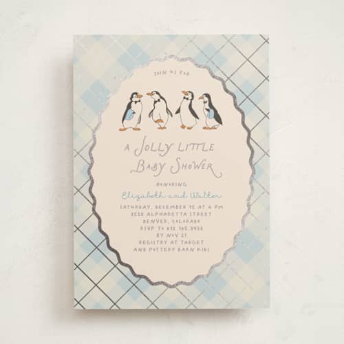 This is a ice foil stamped baby shower invitations with foil pressed by Creo Study called disney’s mary poppins jolly penguins printing on signature in standard