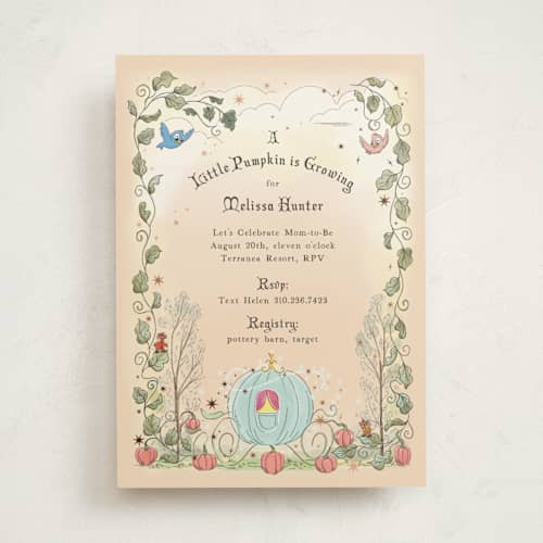 This is a peach foil stamped baby shower invitations with foil pressed by Becky Nimoy called disney's cinderella pumpkin patch printing on signature in standard