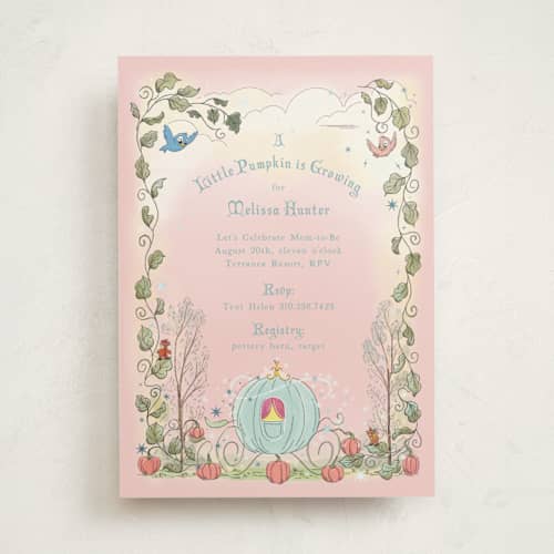 This is a peony foil stamped baby shower invitations with foil pressed by Becky Nimoy called disney's cinderella pumpkin patch printing on signature in standard