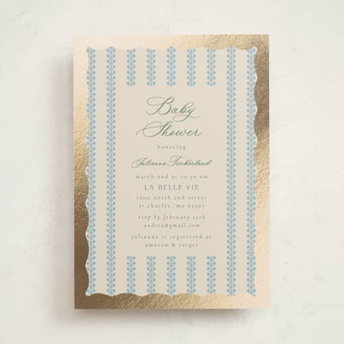 This is a sky foil stamped baby shower invitations with foil pressed by Jen Owens called wavy stripe printing on signature in standard