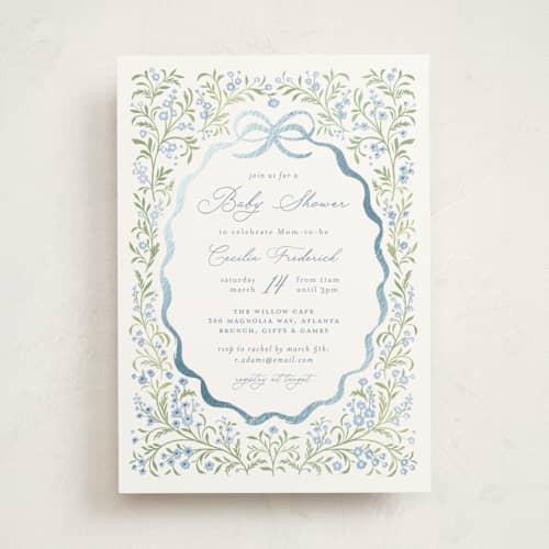 This is a sky foil stamped baby shower invitations with foil pressed by Paper Raven Co. called darling printing on signature in standard
