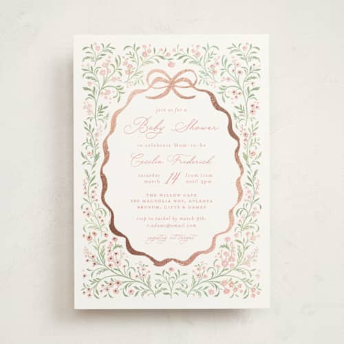 This is a blush foil stamped baby shower invitations with foil pressed by Paper Raven Co. called darling printing on signature in standard
