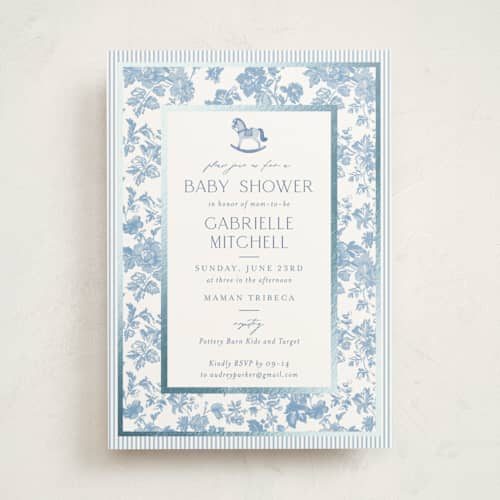 This is a powder foil stamped baby shower invitations with foil pressed by Jenna Holcomb called rocking horse baby printing on signature in standard