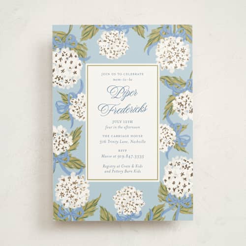 This is a blue bell foil stamped baby shower invitations with foil pressed by Jackie Crawford called hydrangea bow bouquets printing on signature in standard