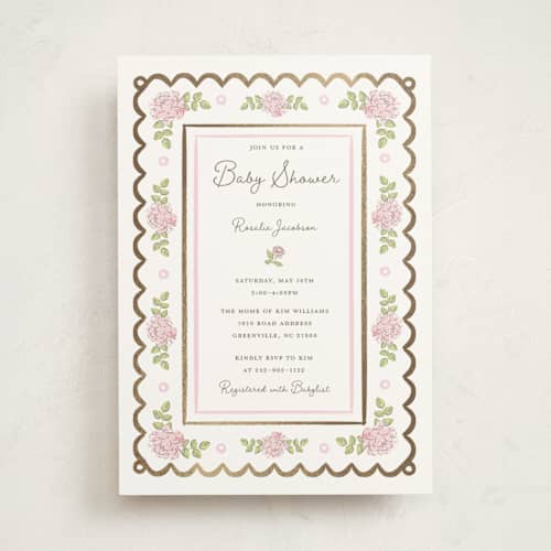 This is a rose foil stamped baby shower invitations with foil pressed by Holton Art and Design called garden rose doily printing on signature in standard