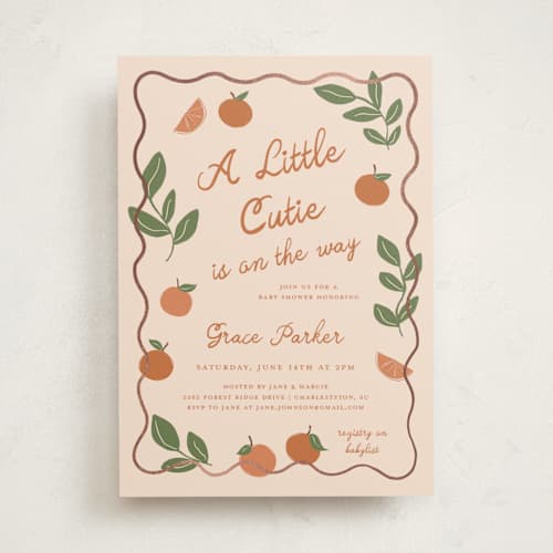 This is a peach foil stamped baby shower invitations with foil pressed by Kelly Watkins called a little cutie printing on signature in standard
