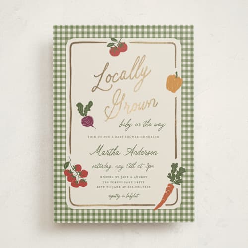This is a moss foil stamped baby shower invitations with foil pressed by Kelly Watkins called farmers market printing on signature in standard