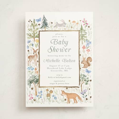 This is a meadow foil stamped baby shower invitations with foil pressed by Petra Kern called woodland welcome printing on signature in standard