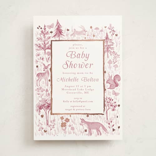 This is a rose foil stamped baby shower invitations with foil pressed by Petra Kern called woodland welcome printing on signature in standard
