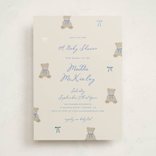 This is a waterfall foil stamped baby shower invitations with foil pressed by Kelly Watkins called so beary cute printing on signature in standard