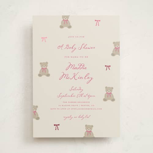 This is a petal foil stamped baby shower invitations with foil pressed by Kelly Watkins called so beary cute printing on signature in standard