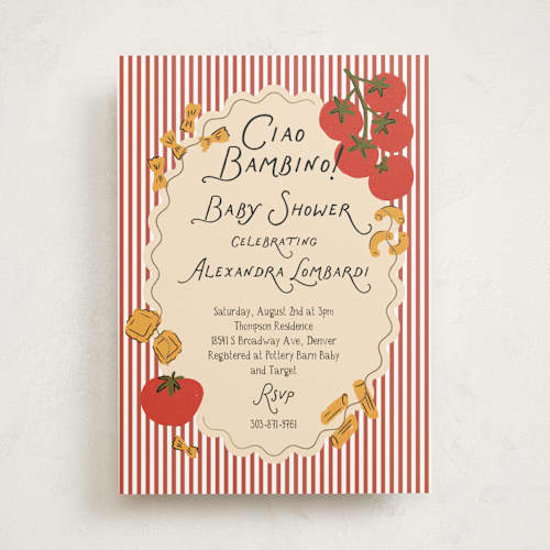 This is a tomato foil stamped baby shower invitations with foil pressed by Jenna Holcomb called pasta sauce printing on signature in standard