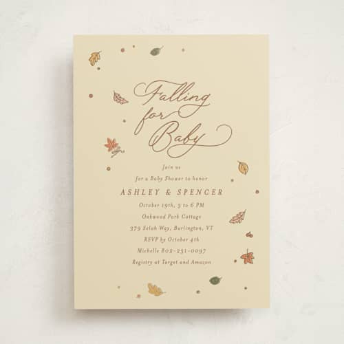 This is a pie foil stamped baby shower invitations with foil pressed by letterfix called sweet autumn printing on signature in standard