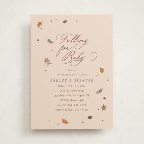 This is a berry foil stamped baby shower invitations with foil pressed by letterfix called sweet autumn printing on signature in standard
