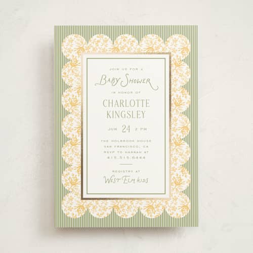 This is a daffodil foil stamped baby shower invitations with foil pressed by Heather Schertzer called nostalgic printing on signature in standard