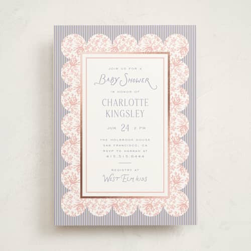This is a rosebud foil stamped baby shower invitations with foil pressed by Heather Schertzer called nostalgic printing on signature in standard