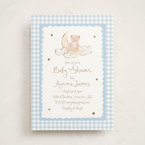 This is a sky foil stamped baby shower invitations with foil pressed by Teju Reval called dreamy bear printing on signature in standard