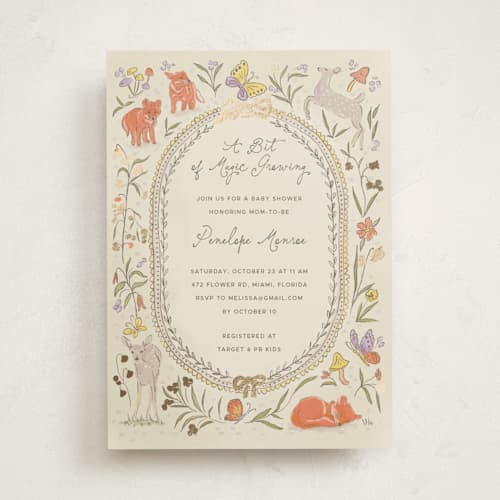 This is a linen foil stamped baby shower invitations with foil pressed by Vera Lim called woodland magic printing on signature in standard