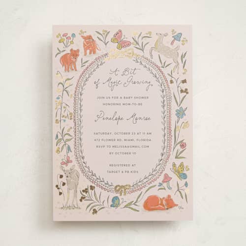 This is a blush foil stamped baby shower invitations with foil pressed by Vera Lim called woodland magic printing on signature in standard