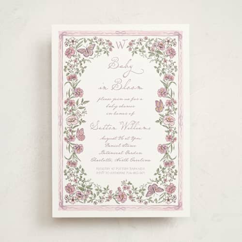 This is a heather baby shower invitations with standard by Jenna Holcomb called baby in bloom. printing on signature in standard