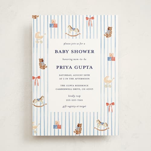 This is a cloud baby shower invitations with standard by Sarah Knight called pinstripe printing on signature in standard