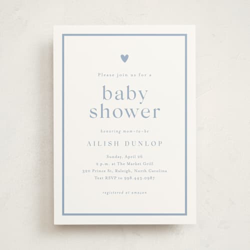 This is a provincial blue baby shower invitations with standard by Stacey Meacham called heartbeat printing on signature in standard