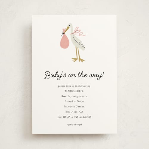 This is a blush baby shower invitations with standard by Ani Somi called little stork printing on signature in standard