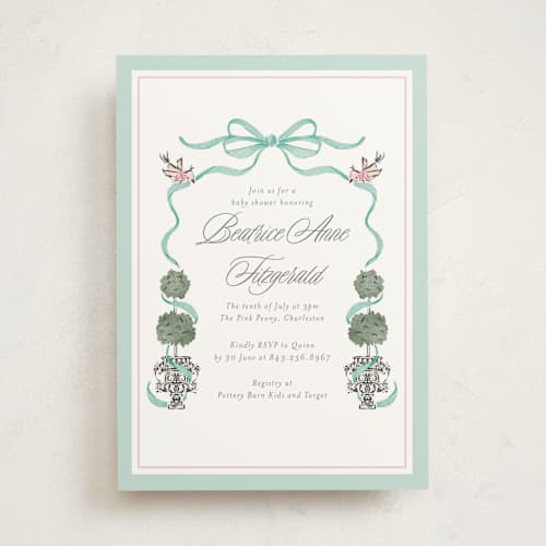This is a aquamarine baby shower invitations with standard by Jackie Crawford called tiny topiary printing on signature in standard