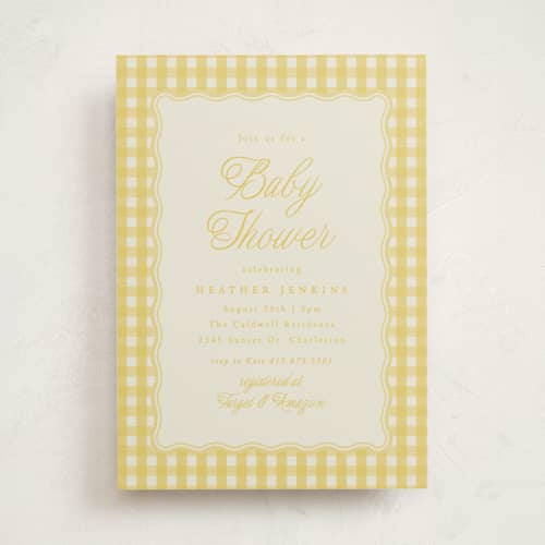 This is a lemonade baby shower invitations with standard by Brianne Larsen called scalloped gingham printing on signature in standard
