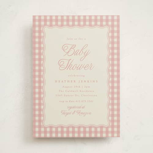 This is a cherry blossom baby shower invitations with standard by Brianne Larsen called scalloped gingham printing on signature in standard