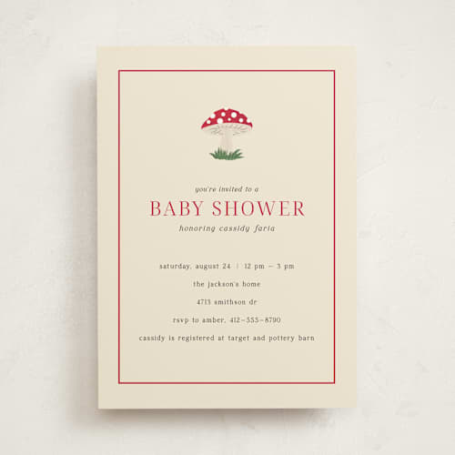 This is a berry baby shower invitations with standard by Ilene Guy called little mushroom printing on signature in standard
