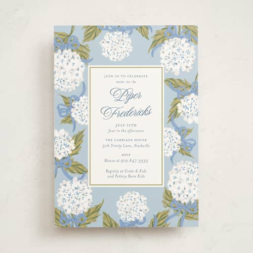 This is a blue bell baby shower invitations with standard by Jackie Crawford called hydrangea bow bouquets printing on signature in standard