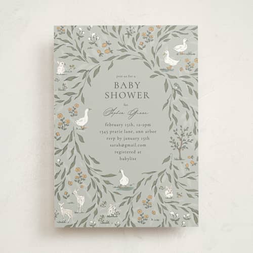 This is a mint baby shower invitations with standard by Melissa Johnson called meadow friends printing on signature in standard