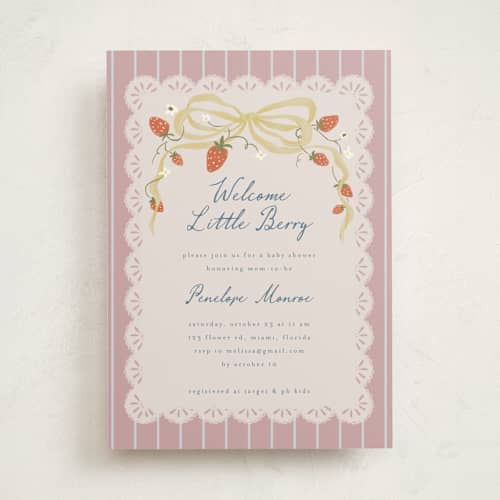 This is a blush baby shower invitations with standard by Vera Lim called little berry printing on signature in standard